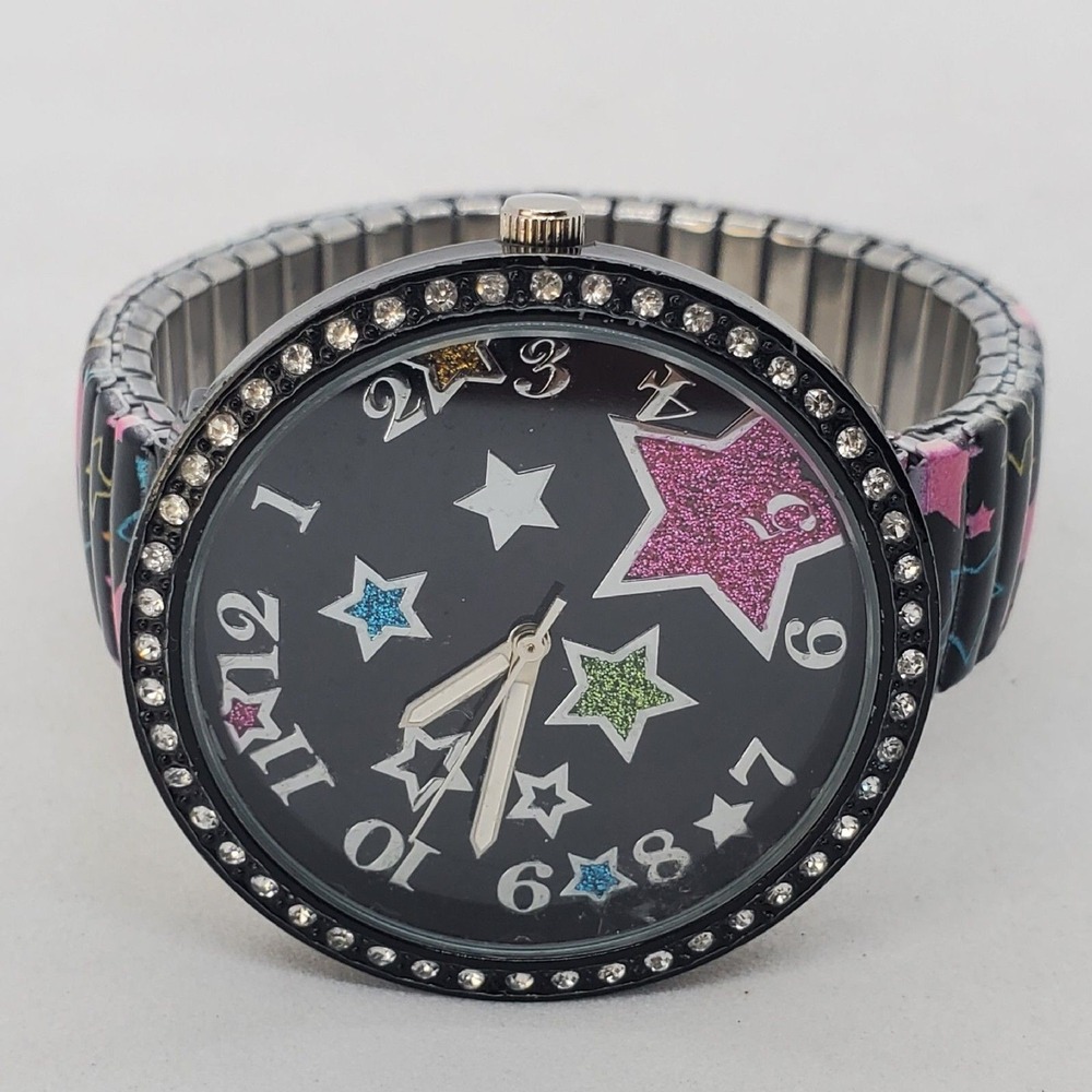 Women's Twinkle Watch 40MM Black Dial Case Black Stretched Band‎ 6" New Battery